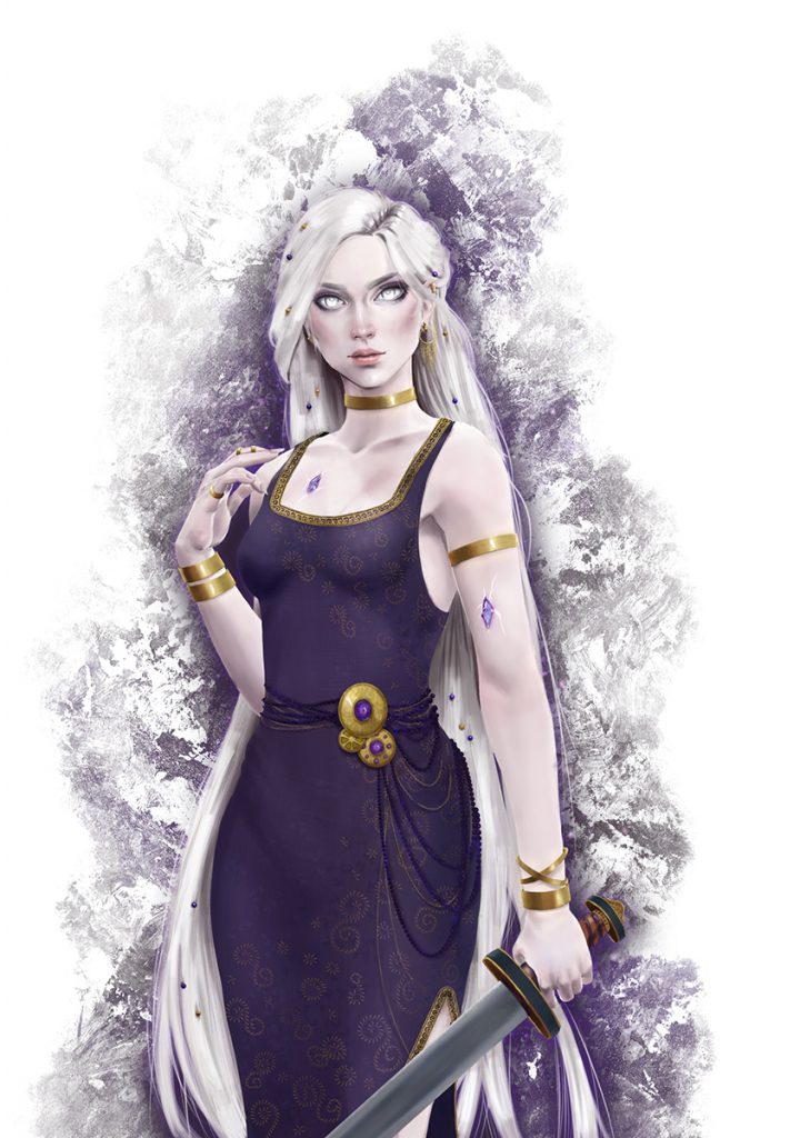 An image of a pale, elf like woman in a sleek gown with long white hair. She is wearing gold jewelry and carrying an Anglo Saxon sword